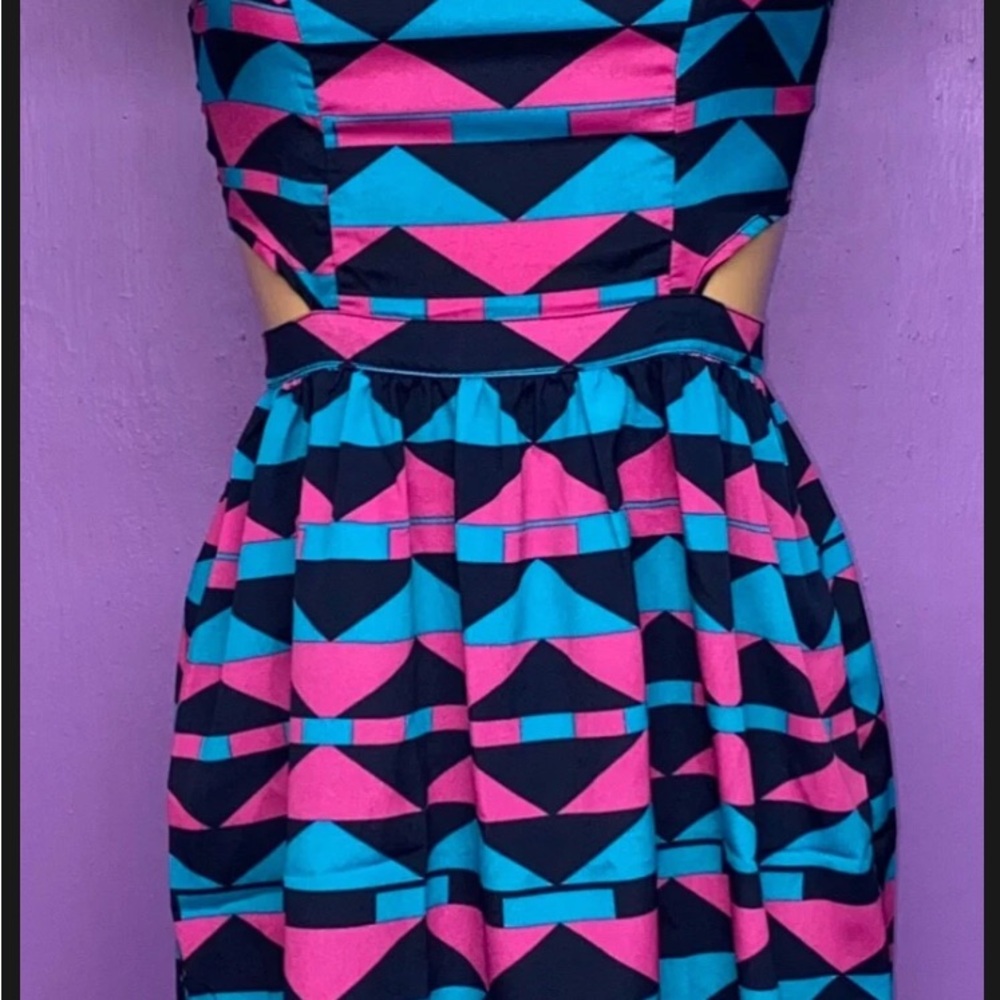One Clothing - Geometric Pink and Blue Cutout Dress - size Small
